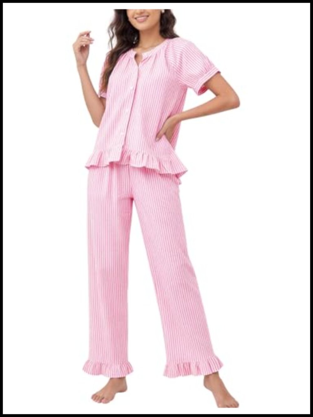 Y2K Striped Cotton Ruffle Button Down Pajama Set 2 Piece Lounge